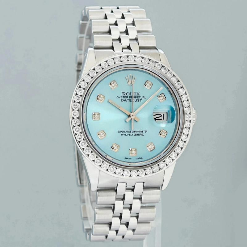 DIAMOND Bezel Rolex DateJust 36mm Glacier Blue Diamond 16030 Steel Watch Box - 3
