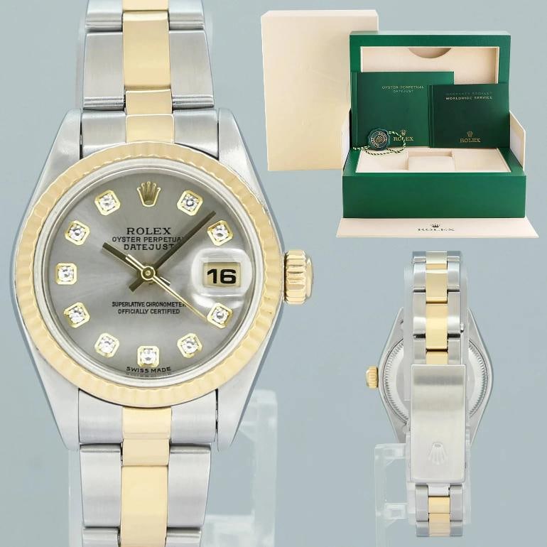 MINT Rolex 79173 DateJust Silver Diamond Two-Tone Yellow Gold Oyster Watch Box: Case & Dial Case Material: Rolex Two-Tone Yellow Gold & Stainless Steel Case Size: 26mm Bezel: Rolex Yellow Gold Fluted Crystal: Rolex Sapphire Dial: Rolex Silver Diamond Movement & Bracelet Movement: