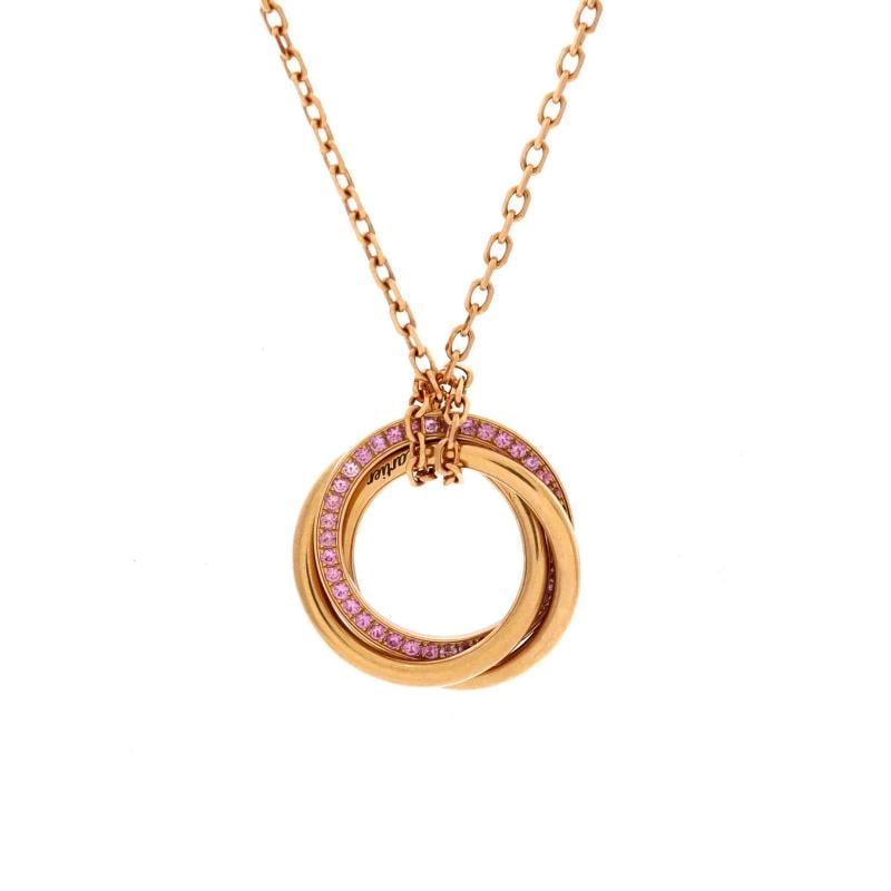 Cartier Trinity Pendant Necklace 18K Rose Gold with Pave Pink Sapphires: Measurements: Length: 16.25 - 17.5 ", Pendant Length: 17.00 mm, Pendant Width: 17.00 mm . Condition: Pre-owned - Good,Brand: Cartier,Main Stone: Sapphire, Pink,Metal: 18K Rose Gold,Metal Purity: