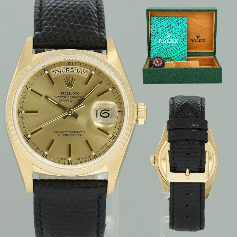 Rolex President Day-Date Champagne 18038 Quickset Yellow Gold Leather Watch Box: Case & Dial Case Material: Rolex Yellow Gold Case Size: 36mm Bezel: Rolex Yellow Gold Fluted Crystal: Rolex Sapphire Dial: Rolex Champagne Stick Movement & Bracelet Movement: Rolex Automatic single-qu