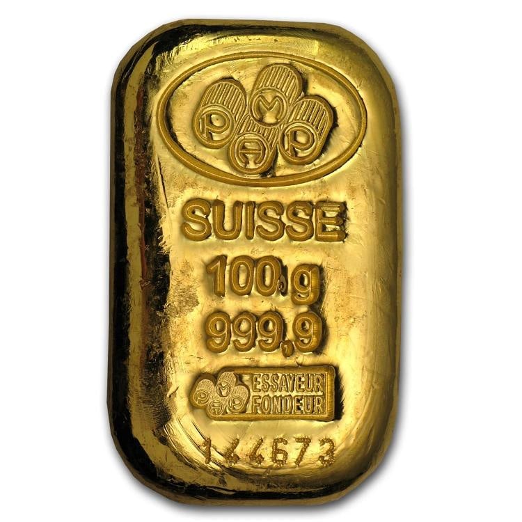 100 gram Gold Bar - PAMP Suisse (Cast, w/Assay): Brand: Pamp Suisse,MPN: 45792,Year: Random,Fineness: 0.9999,Denomination: 100 grams,Circulated/Uncirculated: None,Certification: Uncertified,Country of Origin: Switzerland