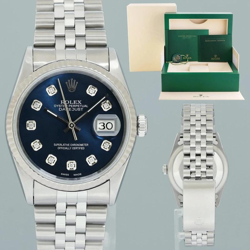 MINT Rolex DateJust 16234 Blue Diamond Jubilee White Gold Fluted Watch Box: Case & Dial Case Material: Rolex Stainless Steel Case Size: 36mm Bezel: Rolex White Gold Fluted Crystal: Rolex Sapphire Dial: Custom Blue Diamond Movement & Bracelet Movement: Rolex Automatic Bracelet