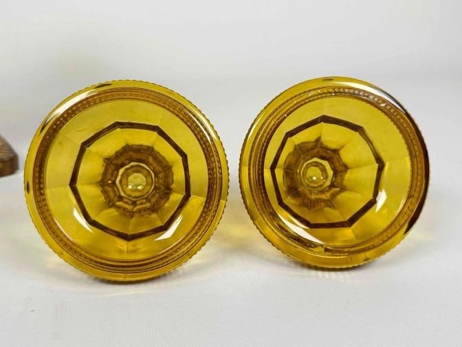 Pair Antique English Irish Georgian 12" Amber Cut Glass Crystal Lidded Urn Lamps - 10