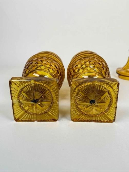 Pair Antique English Irish Georgian 12" Amber Cut Glass Crystal Lidded Urn Lamps - 12