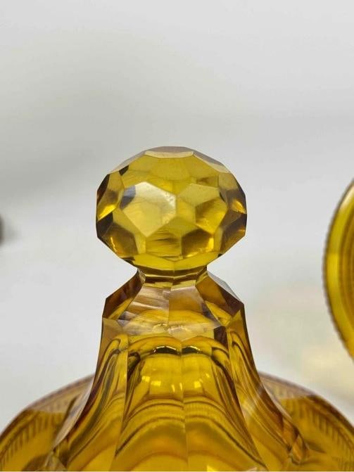 Pair Antique English Irish Georgian 12" Amber Cut Glass Crystal Lidded Urn Lamps - 13