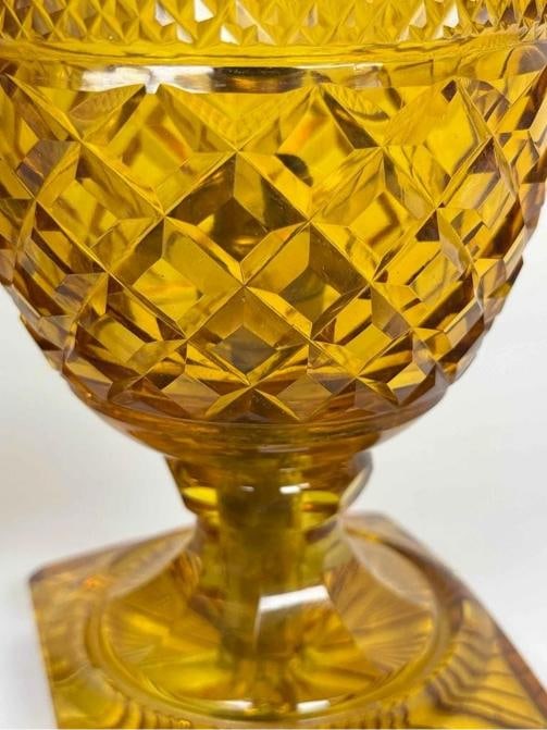 Pair Antique English Irish Georgian 12" Amber Cut Glass Crystal Lidded Urn Lamps - 14