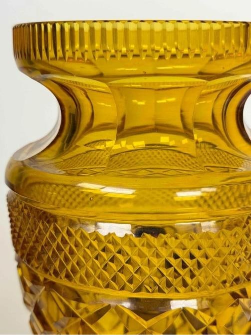 Pair Antique English Irish Georgian 12" Amber Cut Glass Crystal Lidded Urn Lamps - 15