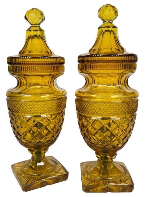 Pair Antique English Irish Georgian 12" Amber Cut Glass Crystal Lidded Urn Lamps: DIMENSIONS: Height: 12" Diameter: 4-1/4" Base: 3-1/4" square. They will require rewiring before use and should be inspected by a qualified professional prior to installation. The glass is generally