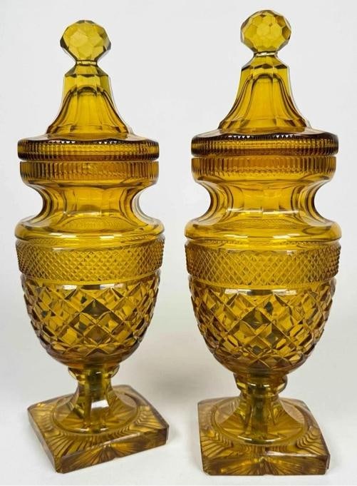 Pair Antique English Irish Georgian 12" Amber Cut Glass Crystal Lidded Urn Lamps - 2