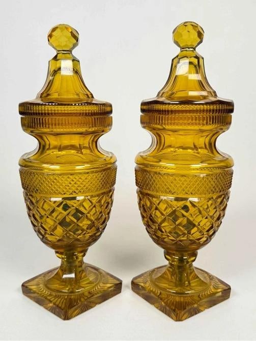 Pair Antique English Irish Georgian 12" Amber Cut Glass Crystal Lidded Urn Lamps - 3