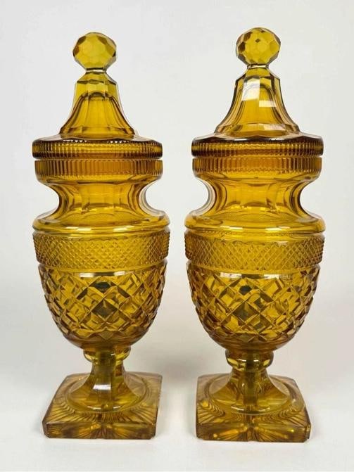 Pair Antique English Irish Georgian 12" Amber Cut Glass Crystal Lidded Urn Lamps - 4