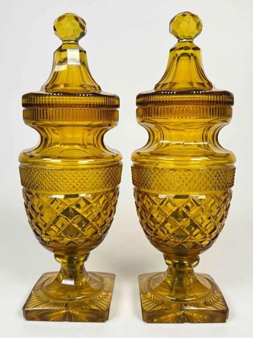 Pair Antique English Irish Georgian 12" Amber Cut Glass Crystal Lidded Urn Lamps - 5