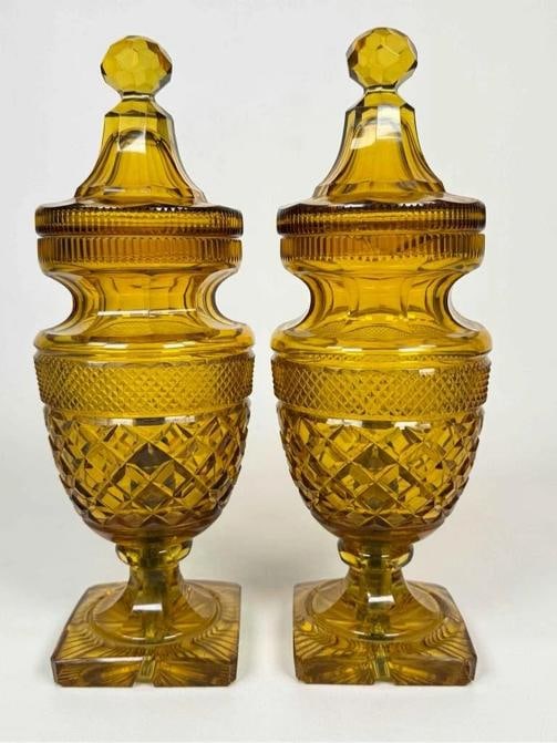 Pair Antique English Irish Georgian 12" Amber Cut Glass Crystal Lidded Urn Lamps - 6