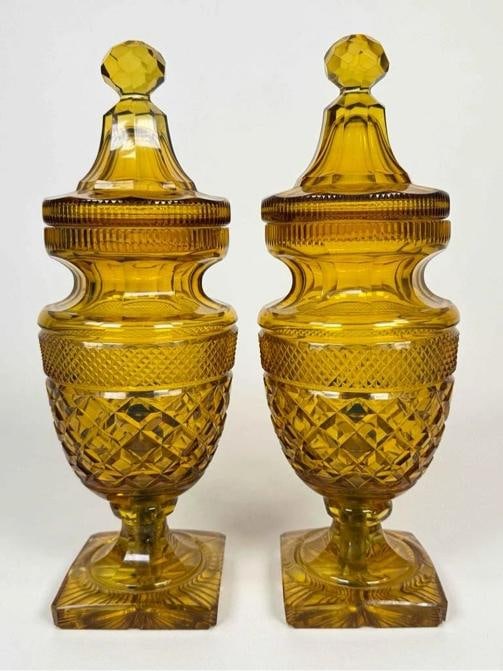 Pair Antique English Irish Georgian 12" Amber Cut Glass Crystal Lidded Urn Lamps - 7