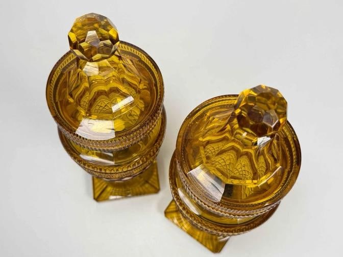Pair Antique English Irish Georgian 12" Amber Cut Glass Crystal Lidded Urn Lamps - 8
