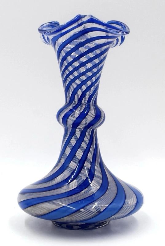 Antique Saint Louis Latticini Art Glass Vase, Blue & White, Circa 1880: Measures 7" high by 4 1/2" wide. Condition: Used,Color: White,Production Style: Art Glass,Year Manufactured: 1880,Brand: Saint Louis,Type: Vase,Material: Glass,Country of Origin: United States