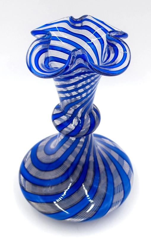 Antique Saint Louis Latticini Art Glass Vase, Blue & White, Circa 1880 - 2