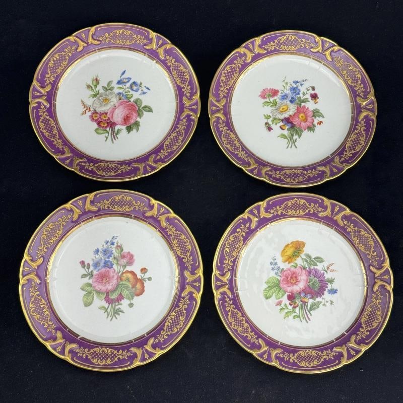 12 Antique French Paris Porcelain AndrÃƒÂ© et Cie Purple Floral Dinner Plates - 4