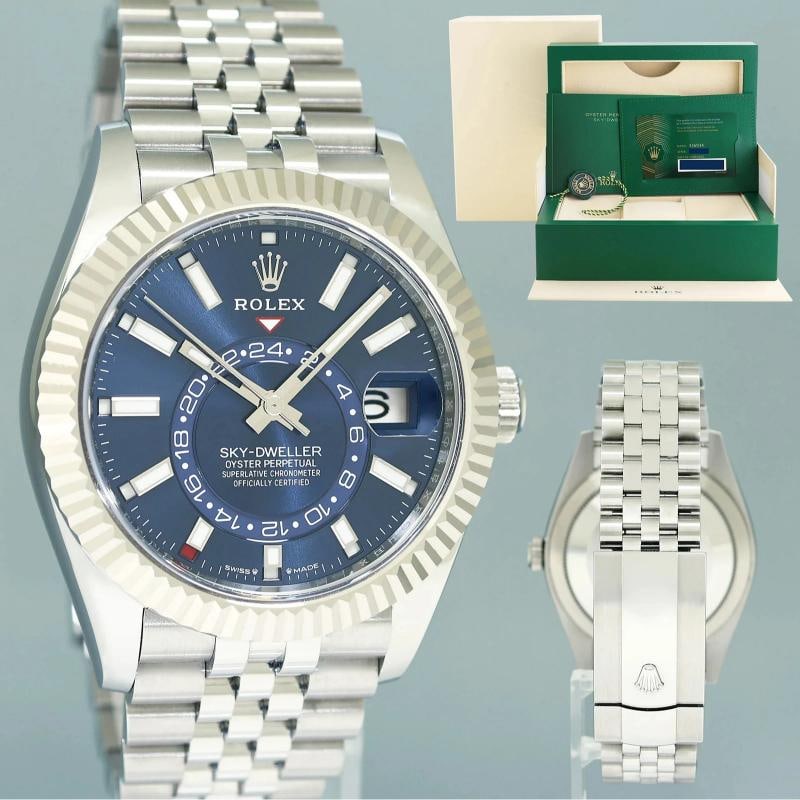 2026 NEW PAPERS Rolex 336934 Sky-Dweller Steel BLUE Jubilee Fluted 42mm Watch: Case & Dial Case Material: Rolex Stainless Steel Case Size: 42mm Bezel: Rolex White Gold Fluted Crystal: Rolex Sapphire Dial: Rolex Blue Movement & Bracelet Movement: Rolex Automatic Bracelet Design: 