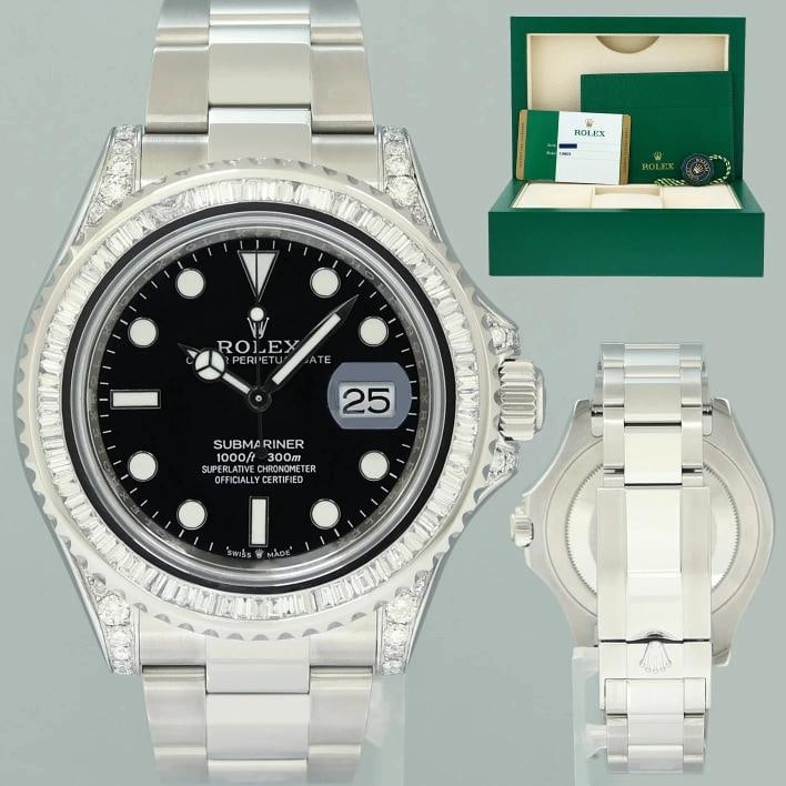 2018 MINT PAPERS Rolex Yacht-Master 116622 Steel Diamond Baguette 40mm Watch Box: Case & Dial Case Material: Rolex Stainless Steel Case Size: 40mm Bezel: Custom Baguette Diamond Crystal: Rolex Sapphire Dial: Custom Black Submariner Movement & Bracelet Movement: Rolex Automatic