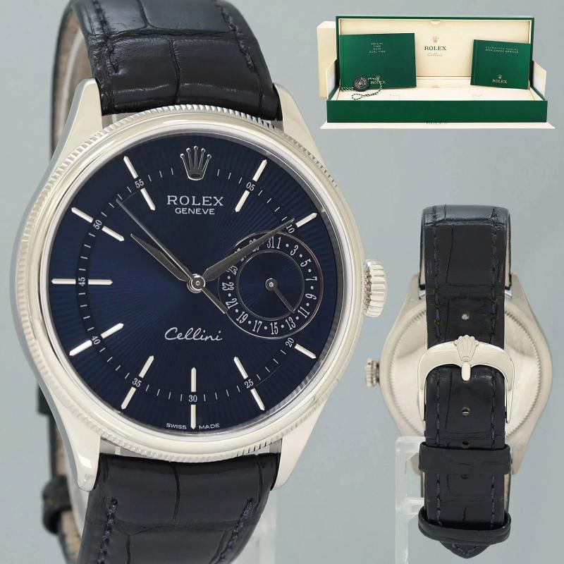 MINT Rolex Cellini Date Blue Dial White Gold 39mm Leather Automatic 50519 Watch: Case & Dial Case Material: Rolex White Gold Case Size: 39mm Bezel: Rolex White Gold Crystal: Rolex Sapphire Dial: Rolex Blue Movement & Bracelet Movement: Rolex Automatic Bracelet Design: Rolex Leathe
