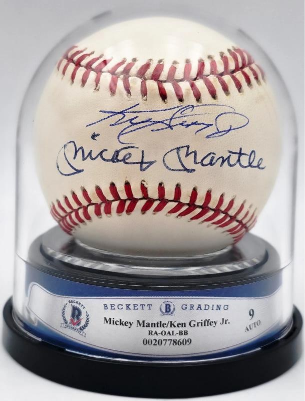 Mickey Mantle & Ken Griffey Jr Signed AL Baseball (Beckett 9 Auto Grade): Sport: Baseball,Product: Ball,Object Type: Ball,Player: Mickey Mantle & Ken Griffey Jr.,Signed By: Mickey Mantle & Ken Griffey Jr.,Signed: Yes,Autograph Authentication: Beckett Authentication Services
