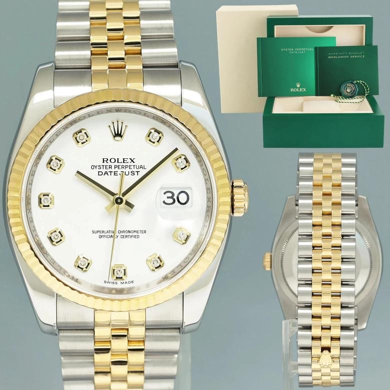 2014 MINT Rolex DateJust Jubilee Two Tone Gold 36mm 116233 White Diamond Watch: Case & Dial Case Material: Rolex Two-Tone Yellow Gold & Stainless Steel Case Size: 36mm Bezel: Rolex Yellow Gold Crystal: Rolex Sapphire Dial: Rolex White Diamond Movement & Bracelet Movement: Rolex A