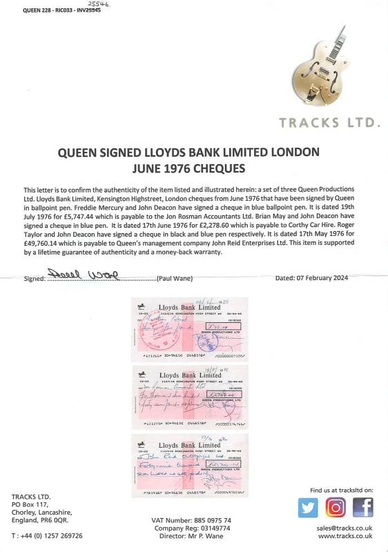 Queen (4) Mercury, May, Deacon, Taylor Signed 1976 Bank Set Of 3 Checks PSA Slab - 10