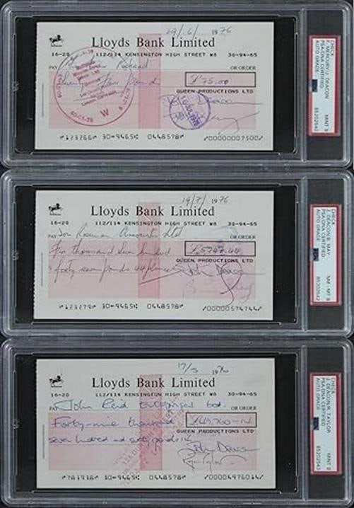Queen (4) Mercury, May, Deacon, Taylor Signed 1976 Bank Set Of 3 Checks PSA Slab - 11