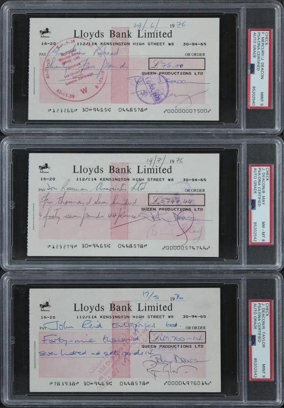 Queen (4) Mercury, May, Deacon, Taylor Signed 1976 Bank Set Of 3 Checks PSA Slab: Original/Reproduction: Original,Industry: Music,PRODUCT_COA: PSA,PRODUCT_SIGNED_BY_NAME: Roger Taylor & John Deacon,PRODUCT_SIGNED_BY_BRAND: Queen,Country of Origin: United States