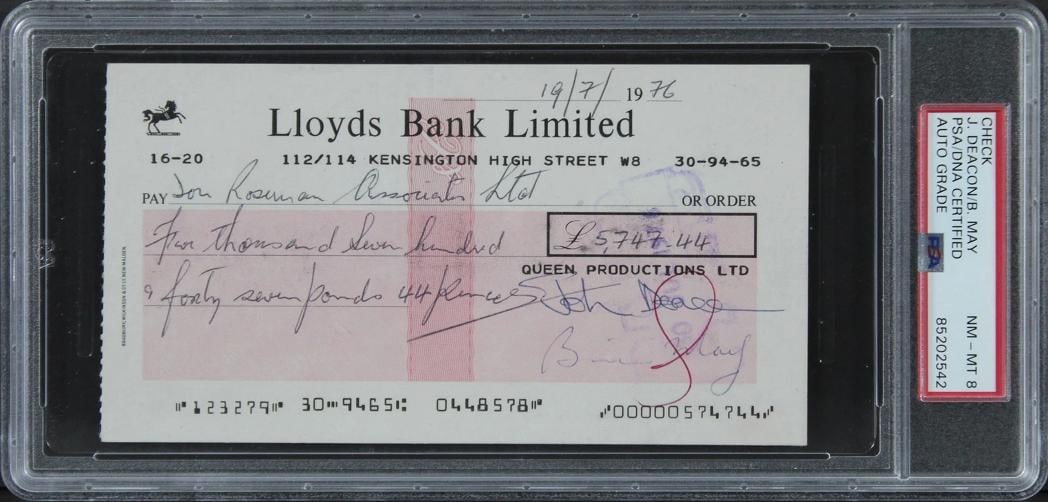 Queen (4) Mercury, May, Deacon, Taylor Signed 1976 Bank Set Of 3 Checks PSA Slab - 3