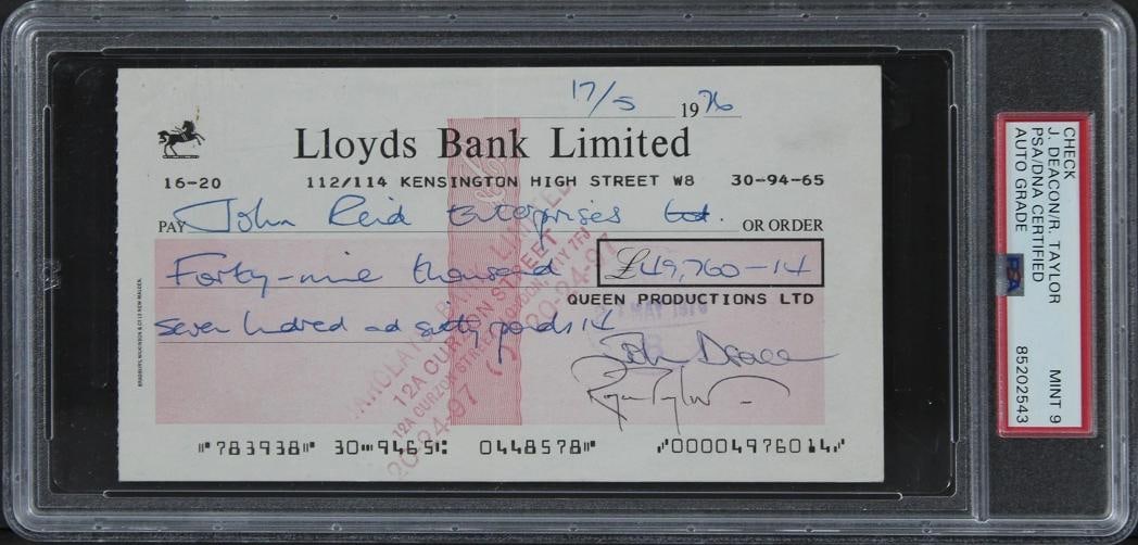 Queen (4) Mercury, May, Deacon, Taylor Signed 1976 Bank Set Of 3 Checks PSA Slab - 5