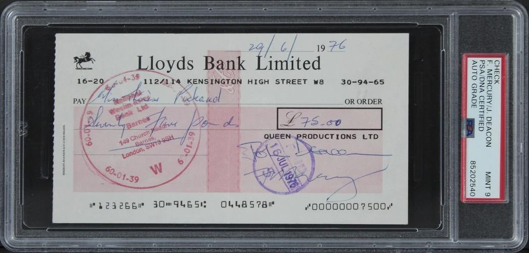 Queen (4) Mercury, May, Deacon, Taylor Signed 1976 Bank Set Of 3 Checks PSA Slab - 7