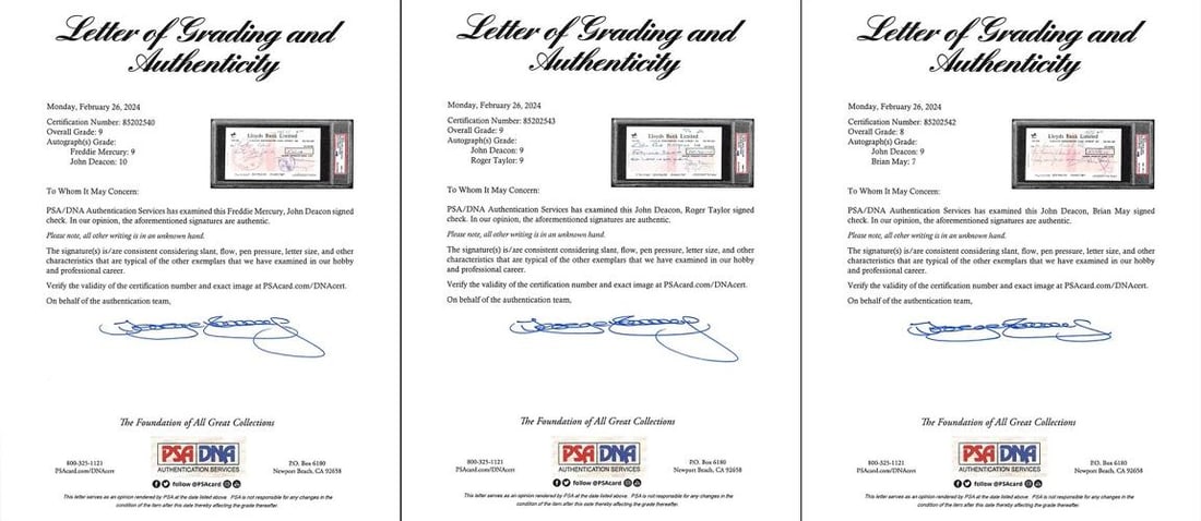 Queen (4) Mercury, May, Deacon, Taylor Signed 1976 Bank Set Of 3 Checks PSA Slab - 9