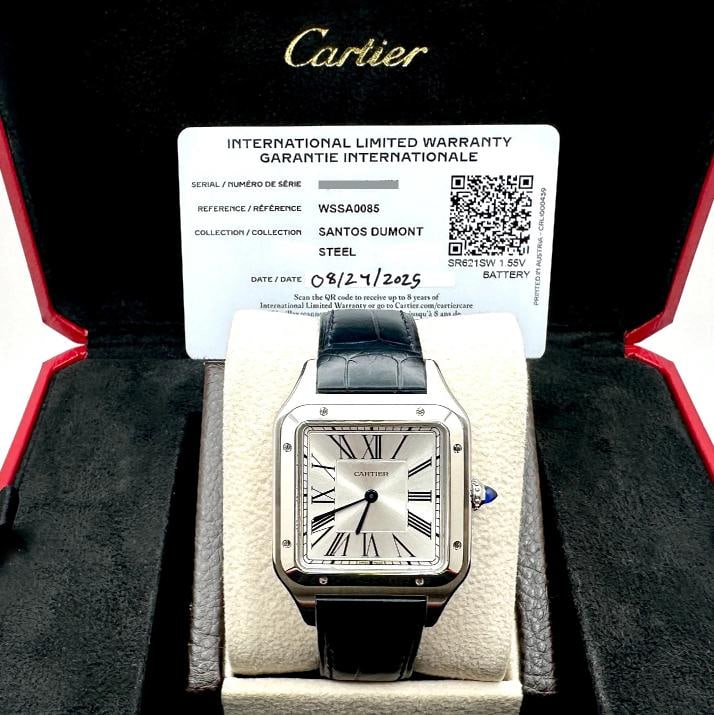 2025 Cartier Santos Dumont Large WSSA0085 4240 Stainless Steel Box Paper: Style Number: 4240 / WSSA0085 Year: 2025 Model: Cartier Santos Dumont Large Case Material: Stainless Steel Band: Dark Blue Leather Bezel: Stainless Steel Dial: Silver Crystal: Sapphire Case Size: