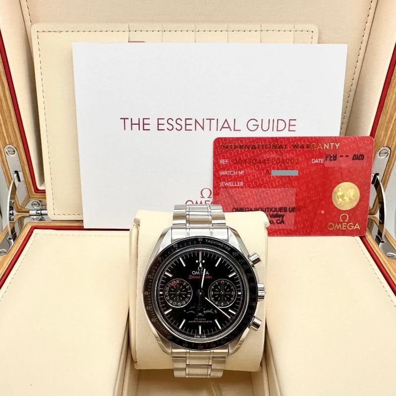 2026 Omega Speedmaster Moonwatch Moonphase 304.30.44.52.01.001 Steel Box Paper: Style Number: 304.30.44.52.01.001 Model: Omega Speedmaster Moonwatch Moonphase Case Material: Stainless Steel Band: Stainless Steel Bezel: Black Dial: Black Crystal: Sapphire Case Size: 44.25mm