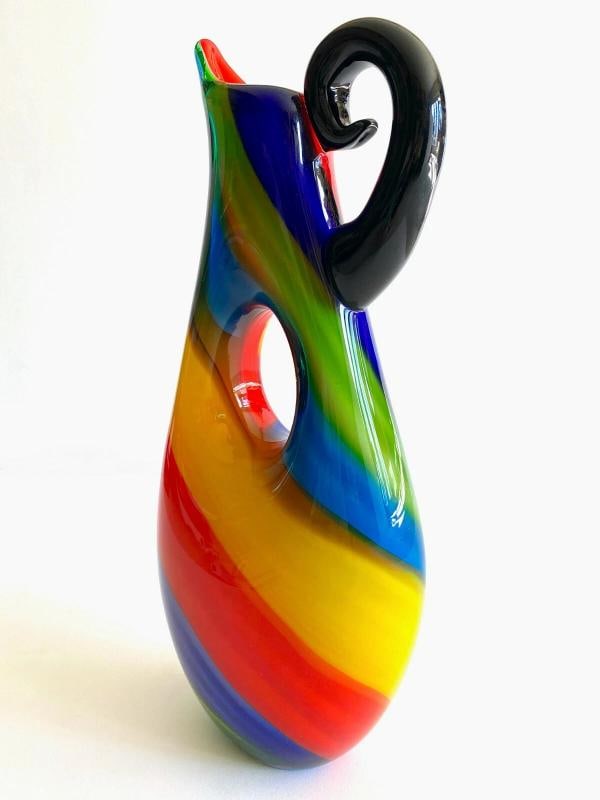 1980'S POSTMODERN ITALY MURANO ART GLASS FUSED MULTICOLOR STRIPE PITCHER VASE - 10
