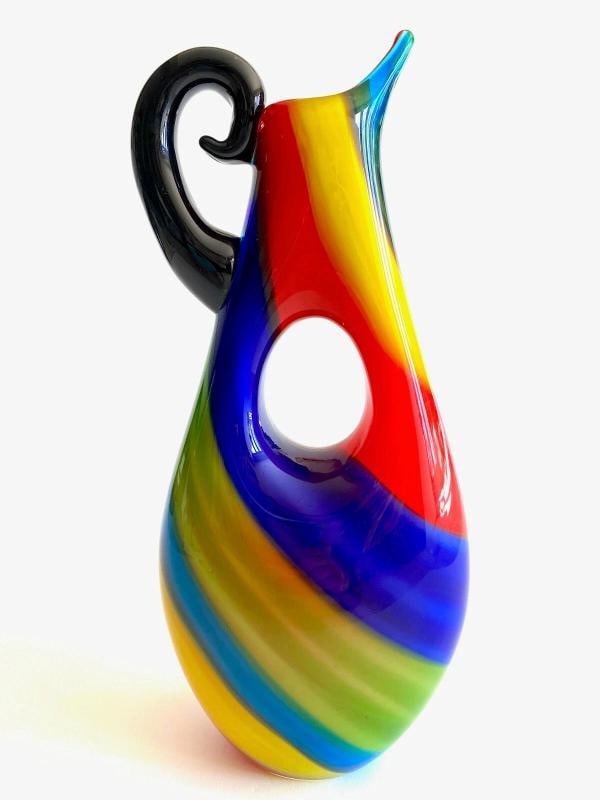 1980'S POSTMODERN ITALY MURANO ART GLASS FUSED MULTICOLOR STRIPE PITCHER VASE - 11
