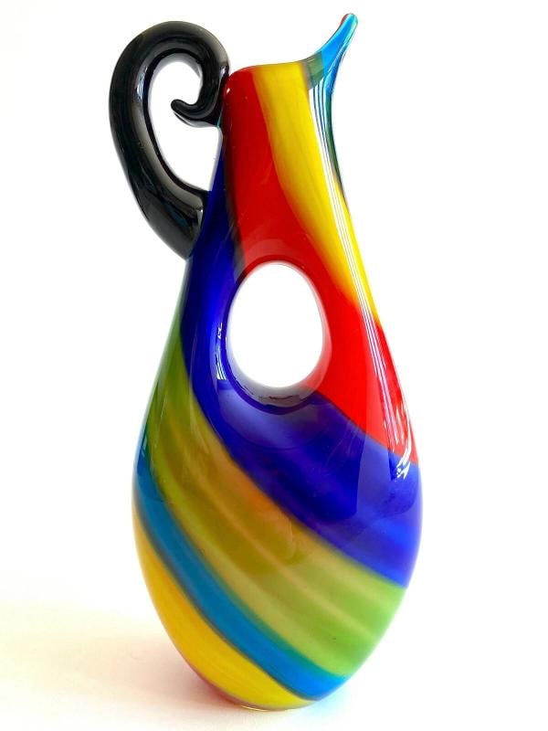 1980'S POSTMODERN ITALY MURANO ART GLASS FUSED MULTICOLOR STRIPE PITCHER VASE: MEASURES 14" H X 6" W X 3 1/2" D. . Condition: Used,Country of Origin: Italy,Handmade: Yes,Production Technique: Hand Blown Glass,Model: PITCHER VASE,Style: Mid-Century Modern,Item Height: 14",Item
