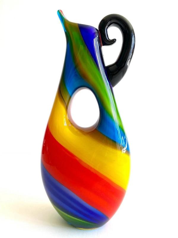 1980'S POSTMODERN ITALY MURANO ART GLASS FUSED MULTICOLOR STRIPE PITCHER VASE - 2