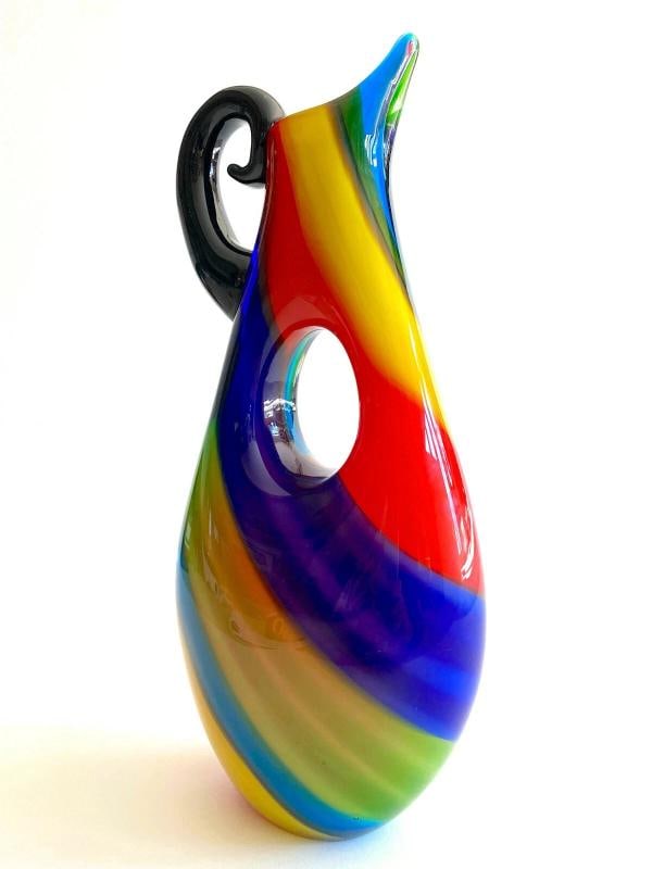 1980'S POSTMODERN ITALY MURANO ART GLASS FUSED MULTICOLOR STRIPE PITCHER VASE - 3