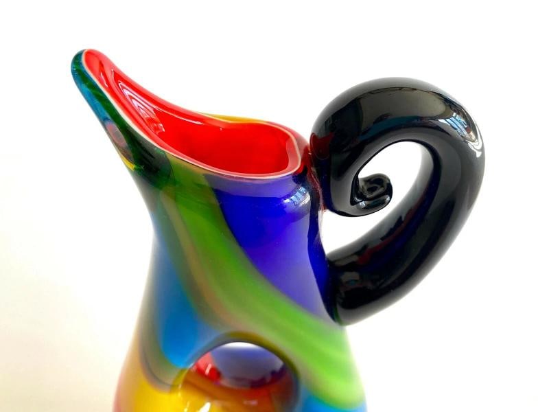 1980'S POSTMODERN ITALY MURANO ART GLASS FUSED MULTICOLOR STRIPE PITCHER VASE - 4