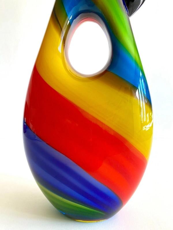 1980'S POSTMODERN ITALY MURANO ART GLASS FUSED MULTICOLOR STRIPE PITCHER VASE - 5