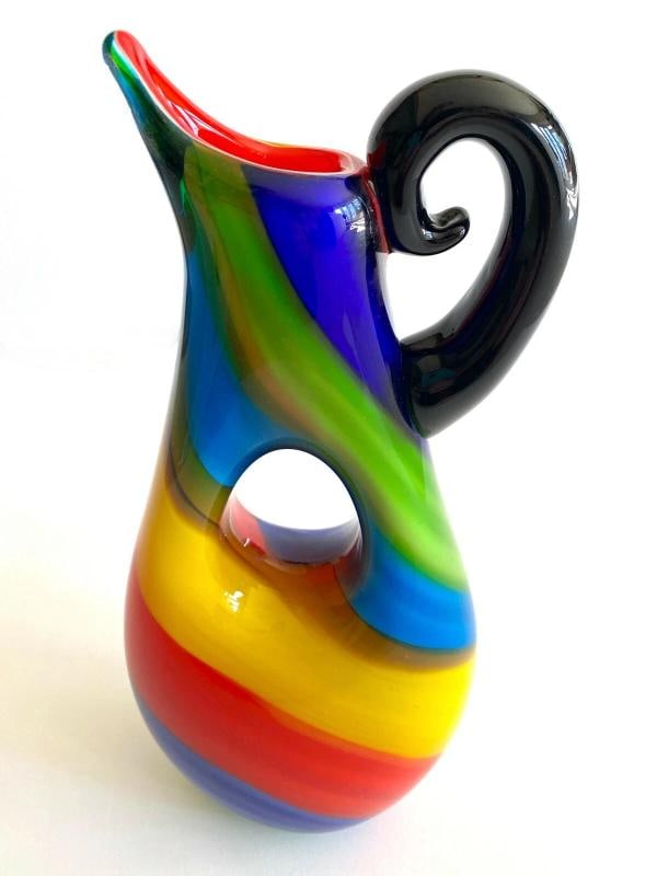 1980'S POSTMODERN ITALY MURANO ART GLASS FUSED MULTICOLOR STRIPE PITCHER VASE - 6