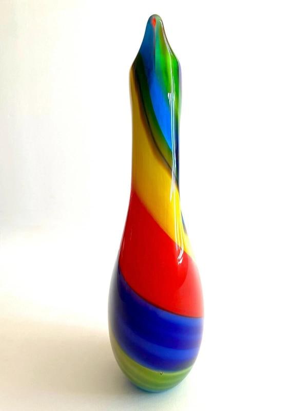 1980'S POSTMODERN ITALY MURANO ART GLASS FUSED MULTICOLOR STRIPE PITCHER VASE - 7