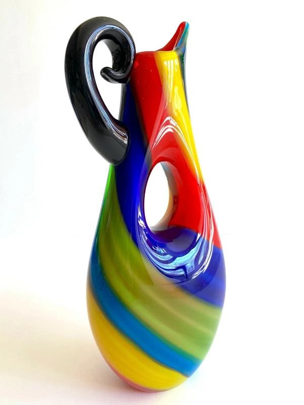 1980'S POSTMODERN ITALY MURANO ART GLASS FUSED MULTICOLOR STRIPE PITCHER VASE - 8