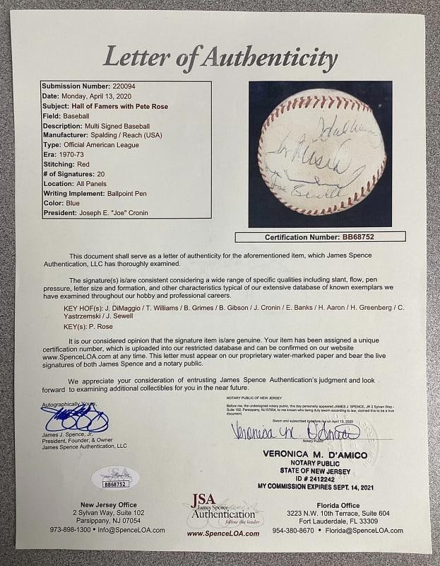 Hall of Famers Signed Baseball JEC Joe DiMaggio Ted Williams +18 Autos HOF JSA - 11