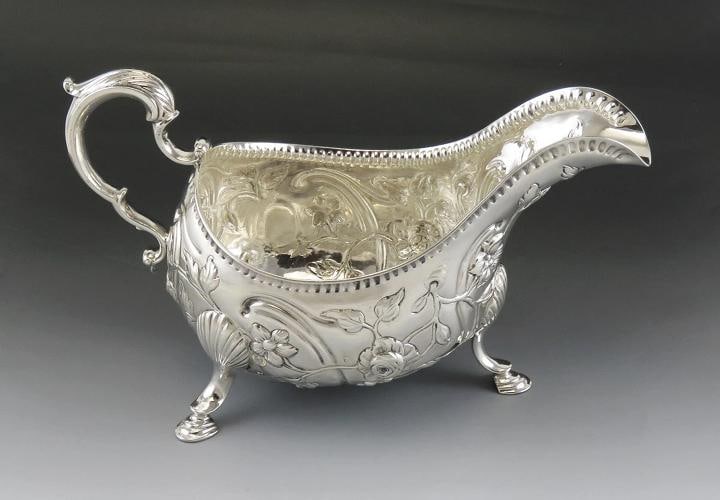Antique c1760 Irish Sterling Silver Hand Chased Gravy/Sauce Boat 9" (1 of 6)