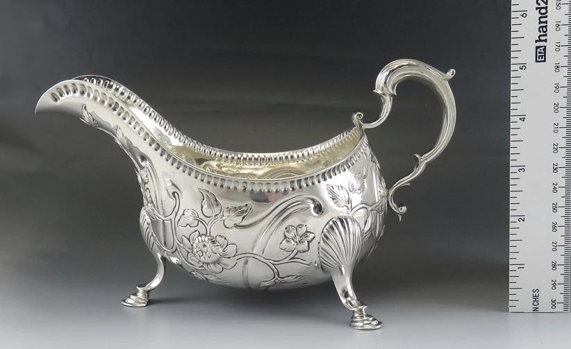 Antique c1760 Irish Sterling Silver Hand Chased Gravy/Sauce Boat 9" - 3