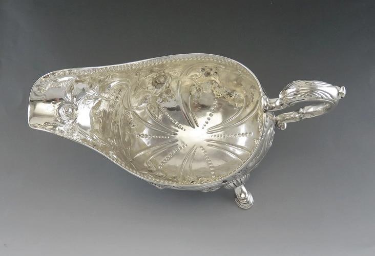 Antique c1760 Irish Sterling Silver Hand Chased Gravy/Sauce Boat 9" - 4